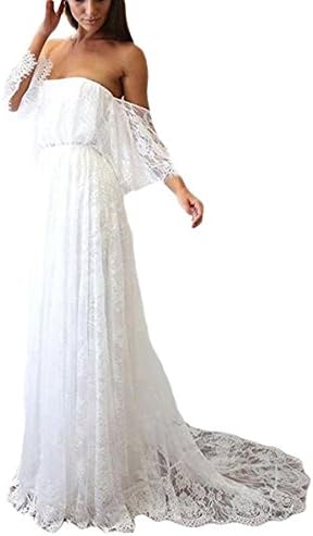 Elleybuy Off the Shoulder Bohemian Wedding Dresses Backless Lace Bridal Gowns US8