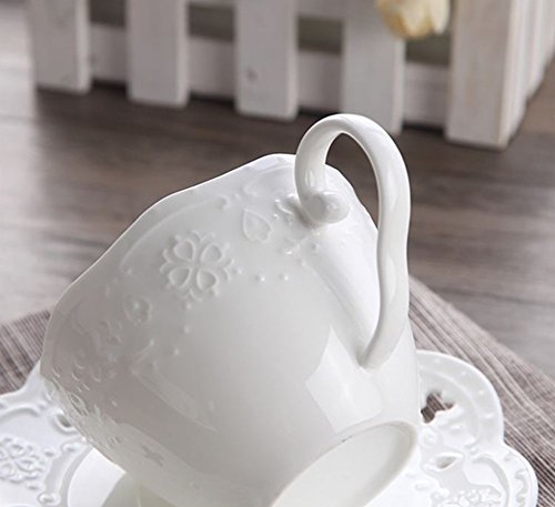 Eglaf Coffee Tea Cup Set Embossed Ceramic (Bone china) and Porcelain Saucers Spoon Bracket 6 - Piece Set (White)