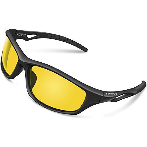 TOREGE Sports Sunglasses For Men Women For Cycling Running Fishing Golf TR90 Unbreakable Frame TR010-1 (Black&Black Tips&Yellow lens)