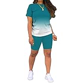 PINSV Women's 2 Piece Outfits Summer Printing Bodycon Short Pants Workout Sets