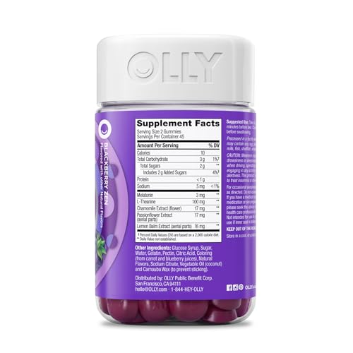 OLLY SLEEP GUMMY, 3MG MELATONIN, L-THEANINE, CHAMOMILE, LEMON BALM, SLEEP AID, BLACKBERRY, 90 COUNT