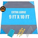 Beach Blanket Oversized 10’X 9′ Sandproof Beach Mat Waterproof Sand Mat with Stakes Lightweight Family Mat for Picnic,Camping,Festival,Travel and Outdoor Activities