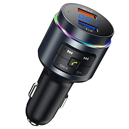 FM Transmitter Car Bluetooth, [Auto Frequency Tuning for Easier to Setup] Bluetooth Car Adaptor QC3.0, 9 RGB Dynamic Backlit, Ring Knob, Radio Music Player/Car Kit Hands-Free Calls Dual-mic