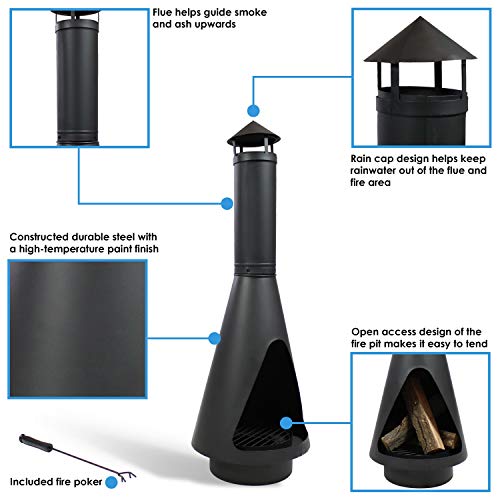 Sunnydaze Outdoor Wood Burning Steel Chiminea Fire Pit - Heavy Duty Black Metal Firepit with Log Poker, Grate and Rain Cap - Backyard Patio Fireplace - 56 Inch