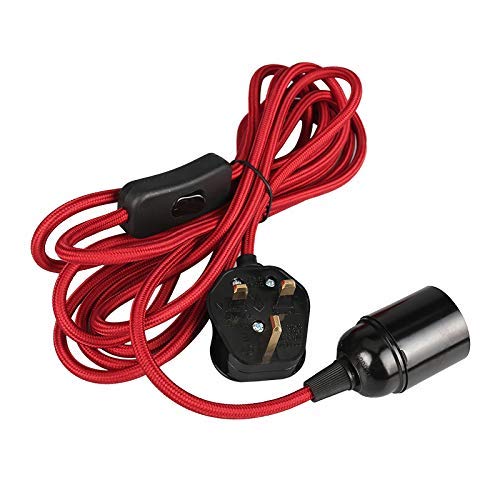 Wowsale Pendant Light Ceiling Lighting Fitting, E27 Lamp Holder Suspended Pendant Light Fitting Kit, 2 Core Gold Fabric Cable Plug with On/Off Switch- UK Plug (Red, 3m)