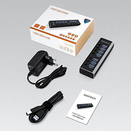 RSHTECH USB 3.0 Hub with 24W Power Supply USB Hub 7 Ports, for Charging and Data Transfer, Multiport USB Hub with Individual Switches and Power Supply