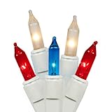 dobar Holiday Essentials Patriotic Christmas Lights - Red Blue & White Frost Mini Lights on White Wire - for Indoor & Outdoor Use - UL Listed - Set of 100