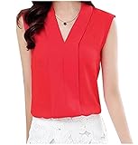 Abetteric Women Candy Color Casual Sleeveless Chiffon Shirt Red Large