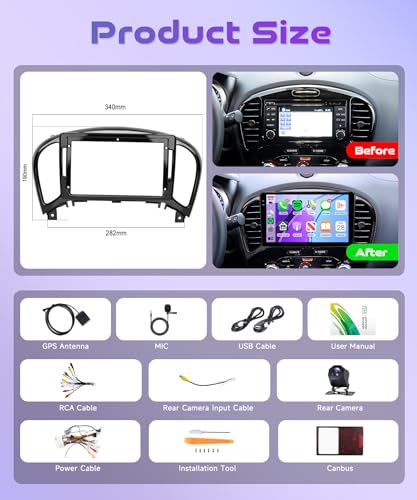 4G+128G Android Car Radio for Nissan Juke J15 2010-2019/YF15 Infiniti ESQ 2011-2017 Wireless Carplay Android Car, 9 Inch Incell Touchscreen GPS Radio WiFi Bluetooth FM/RDS/EQ Rear Camera