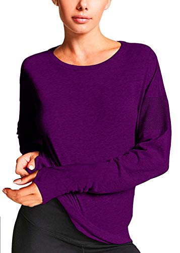 Fihapyli Women's Casual Soft Loose Long Sleeves Thumb Hole T-Shirt Stretch Blouses Round Neck Knit Stretchy for Casual Workout Tops Long Sleeve Workout Shirt Athletic Shirts Women Darkpurple, M