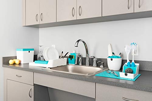 Crippa Sponge Holder for Kitchen Sink | Sink Sponge Holder | Dish Brush Holder | Perfect Kitchen Sink Organizer for Dish Sponge, Scrubber, and Brush | Eco-friendly Plastic - White & Turquoise