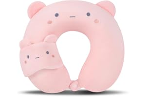 MISSSOUL Kids Neck Pillow for Travel with Sleep Eye Mask, Cute Travel Neck Pillow, Memory Foam Flight Sleeping Headrest Pillow for Boys & Girls, Airplane, Train, Car, Home Use - Peach Bear