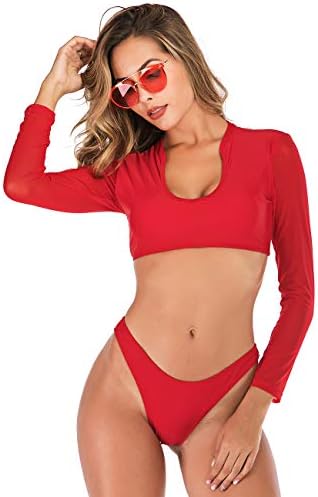 NAFLEAP Surfing Rash Guard Long Sleeve Mesh Bikini Padded Low Scoop Crop Top High Cut Cover High Waisted Swimwear