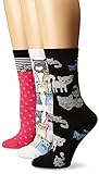 K. Bell Women's 3 Pack Novelty Crew Socks, Smarty Cats, 9-11