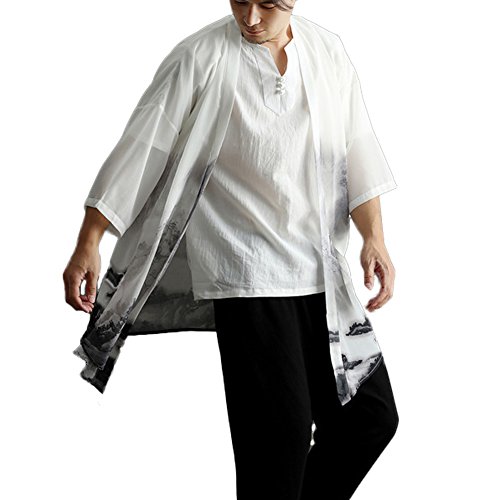 LZJN Men's Lightweight Open Front Cardigans Vintage Chinese Style Chiffon Print Cape Kimono (One Size) - Thumbnail 7