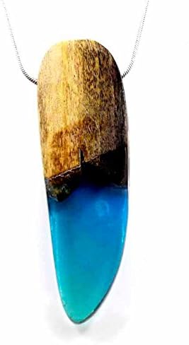 Wood and Resin Statement Necklace Handmade Blue Oval Pendant Necklaces