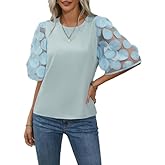 SKAYS Women’S Half Polka Dot Sheer Mesh Sleeve Top Solid Loose Cute Summer Blouse Shirt Tops Dressy Casual