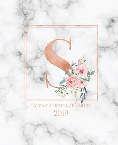 Weekly & Monthly Planner 2019: Rose Gold Monogram Letter S Marble with Pink Flowers (7.5 x 9.25”) Vertical at a glance Personalized Planner for Women Moms Girls and School