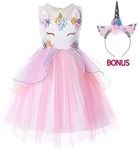 Girls Unicorn Costume Dress Pageant Princess Party Dress Unicorn Headband Flower Evening Gowns Tutu Dress