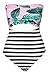 CUPSHE Women's Leaves Printing Stripe Halter One-Piece Padding Swimsuit with Cutout (L)