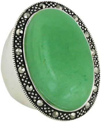 .925 Sterling Silver with Marcasite Oval Shaped Natural Green Jade Ring (8)
