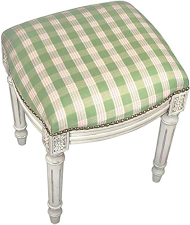 Amazon Com Eurolux Home Vanity Stool Antique Whitewash Green Plaid White Upholstered Hand Applied Brass Furniture Decor