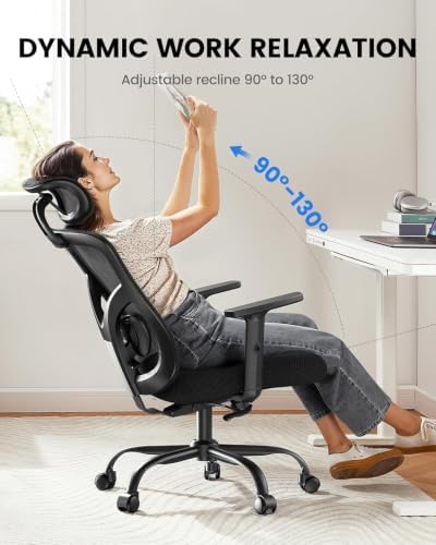 Ergonomischer Bürostuhl mit gepolsterter Lendenwirbelstütze, 2D-Kopfstütze, verstellbaren Armlehnen, verbessertem Sitzkissen, 130° Neigung, Computerstuhl für das Büro zu Hause