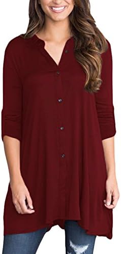 Sisiyer Women's Cuffed 3/4 Sleeve Button Down Shirt Blouse Tunic Tops Burgundy Small