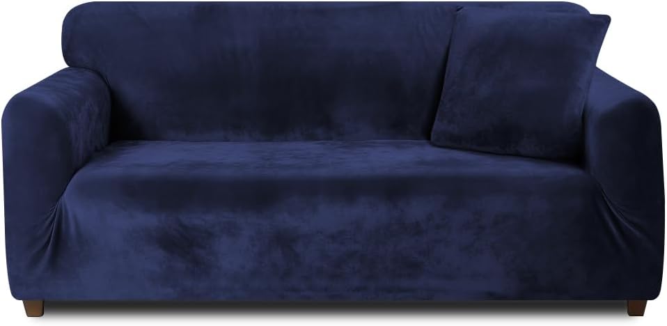 Teynewer Thick Velvet Sofa Cover 1 Seater Blue High Stretch Non-Slip Protector