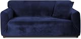 Teynewer Thick Velvet Sofa Cover 1 Seater Blue High Stretch Non-Slip Protector