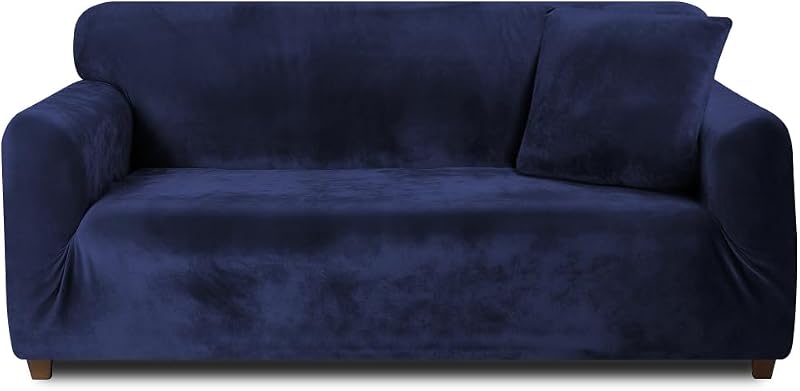 Teynewer Thick Velvet Sofa Cover 1 Seater Blue High Stretch Non-Slip Protector