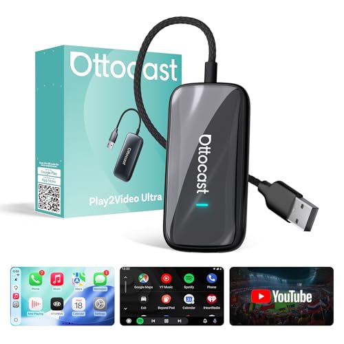 OTTOCAST Play2Video Ultra, 3-en-1 Boîtier AI pour Netflix/Youtube/Prime Video, Adaptateur CarPlay sans Fil & Android Auto avec clé USB, Wi-FI Dual Band, Bluetooth 5.4, 4Go+32Go, Plug & Play