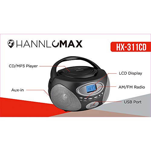 HANNLOMAX HX-311CD Portable CD/MP3 Boombox, PLL AM/FM Radio, USB Port for MP3 Playback, Aux-in, LCD Display, AC/DC Dual Power Source(Grey)