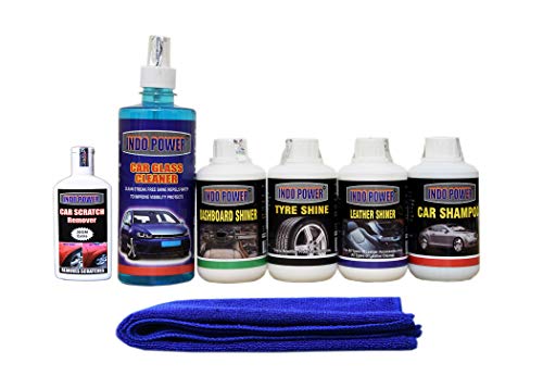 INDOPOWER KG752-CAR Glass Cleaner 500ml+ Dashboard Shiner 250ml+ TYRE Shiner 250ml+ + Leather Shiner 250ml+CAR Shampoo 250ml+ Scratch Remover 100gm. car Microfiber Cloth Blue.