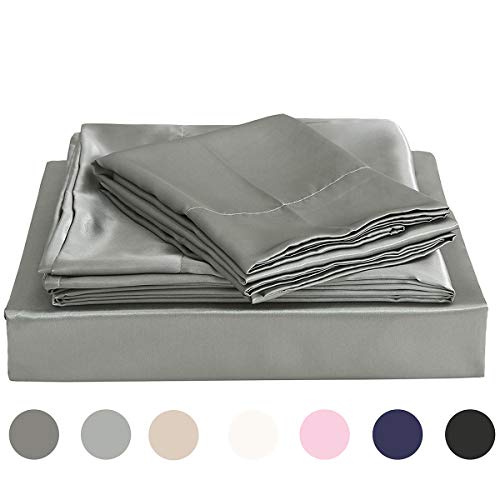 Homiest 4pcs Satin Sheets Set Luxury Silky Satin Bedding Set with Deep Pocket, 1 Fitted Sheet + 1 Flat Sheet + 2 Pillowcases (King Size, Light Grey)