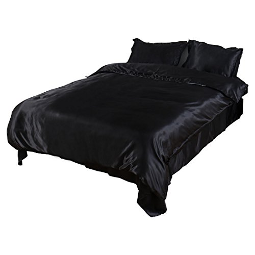 uxcell Black Satin Silk Duvet Cover Bedding Set Cushion Cover Pillow cases Set,Silk Sheet,Big Size