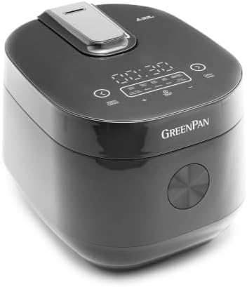 GreenPan Rice Cooker, 8 Cups Cooked (4 Uncooked), Low-Carb & Soup Mode,10 ONE-TOUCH Cooking Presets, PFAS-Free Ceramic Steamer Basket, Fuzzy Logic, Auto Keep Warm, Oats, 24HR Delay Timer, Graphite