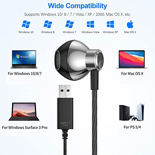USB Headphones for Computer, PC Gaming Wired Stereo HiFi Semi In Ear Earphones PC USB Earphones with Microphone Noise Cancelling Volume Control for PS 4/Mac/Laptop/Chromebook/for PS 5/Windows