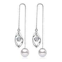 MSECVOI Elegant 925 Sterling Silver Threader Tassel Earrings Pearl Ball Drop Long Chain Earrings Wedding for Women and Girls