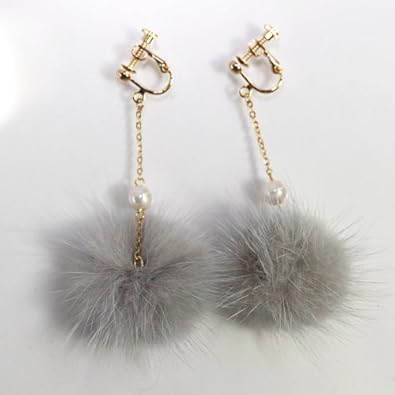 Amazon パール付きミンクファーイヤリング グレー イヤリング 通販