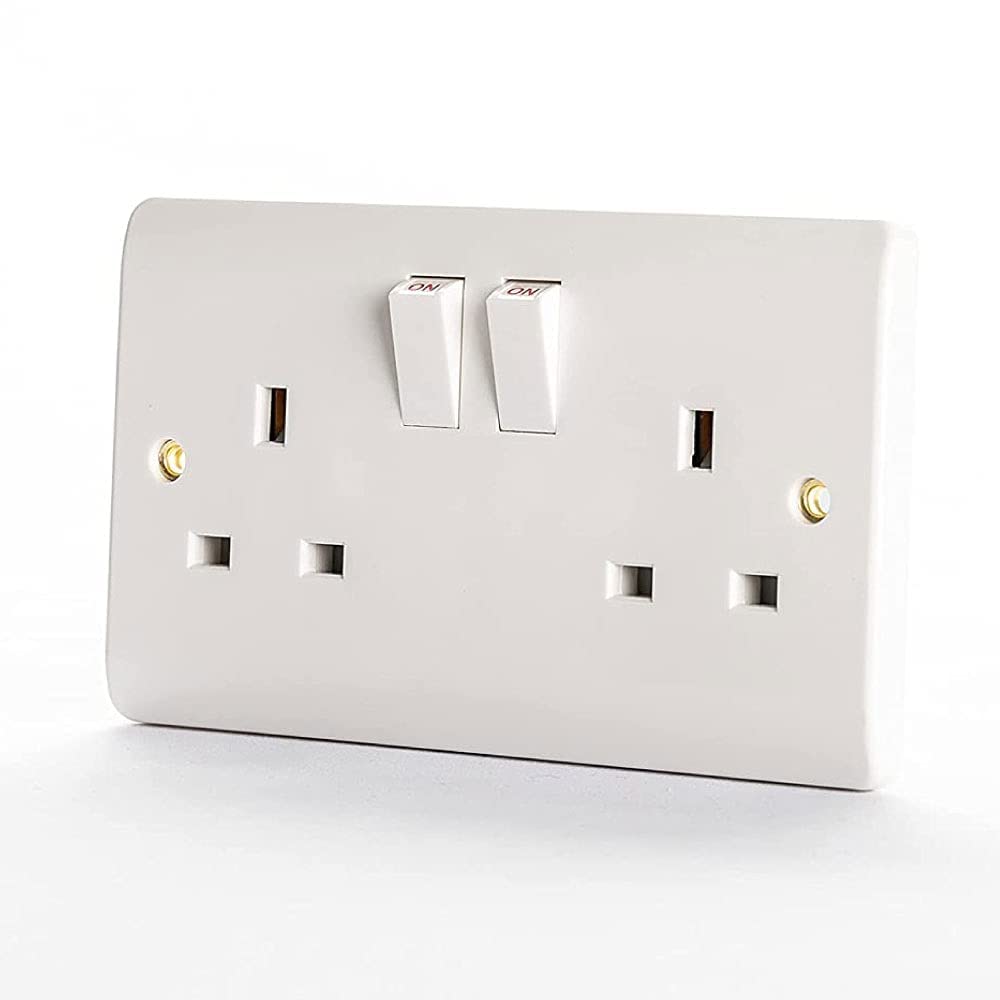 13A 2 Gang Double Pole Switch Socket White - Square Electric Wall Socket with Round Edge and Fixing Screws - Double Pole Electrical Outlets for Home, Office, Industries, etc.
