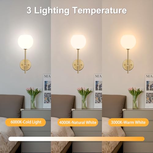 Juego de 2 Apliques de Pared LED Inalámbricos Dorados, Lámparas de Pared Recargables a Batería con Vidrio Esmerilado Blanco Opal, 12 RGB y 3 CCT Regulables, Control Remoto para Dormitorio y Salón