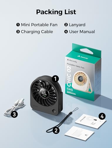 Aecooly Mini Desk Fan, Portable Hand Fan Rechargeable [10H Max Cooling Time], 180° Foldable Small Table Fan, 4 Speeds Quiet Personal Fan for Bedroom, Home, Office, Travel, Gifts for Women - Black