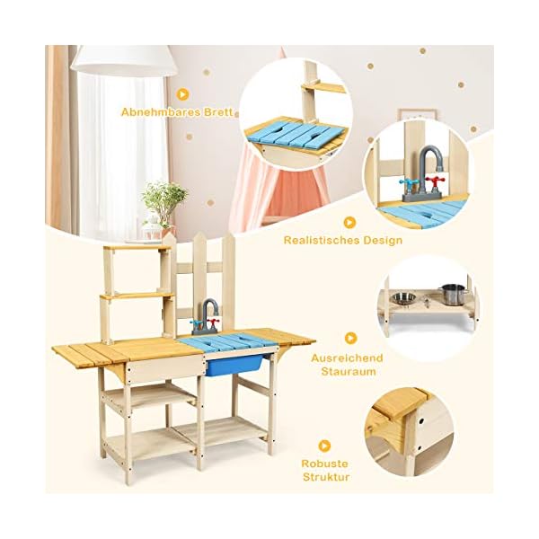 COSTWAY Matschküche mit Wasserhahn, Kinderküche Holz, Outdoor Küche, Holzküche, Spielküche, Spielzeugküche für Kinder ab… – Bild 5