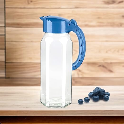 4All Glass Pitcher with Removable Lid - 1.5 Litre Glass Water Jug for Lemonade, Milk, Juice, Tea, Coffee Beverage Dispenser (Blue)