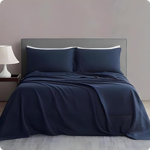 Cottonluxury Jogo de Lençol 4 peças 600 Fios Egípcio 100% Algodão Grampo Longo com Toque Acetinado - Não agride o Ambiente (Azul-marinho, Queen)