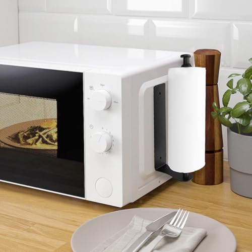Magnetic Kitchen Roll Holder with Buffer Effect, One Hand Operation, Self Adhesive and No Drilling, Aluminum Alloy Kitchen Roll Holder for Kitchen, Refrigerator, Oven, Caravan, Garage (Black)
