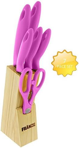 Nelsons Deals Stainless Steel Germin Style Knife Set with Wooden Block 7 Piece - Chef Knife, Bread Knife, Boning Knife, Utility Knife, Paring Knife, and Scissors (Purple)