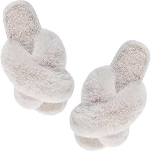 Women's Cross Band Slippers Fuzzy Soft House Slippers Plush Furry Warm