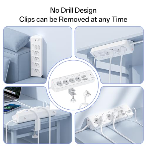 Desktop Power Strip with USB C (PD 30W), Individual Switches Desktop Power Socket, Surge Protection Sockets, 2 Meter Cable for Home Office, 2 M Cable, White